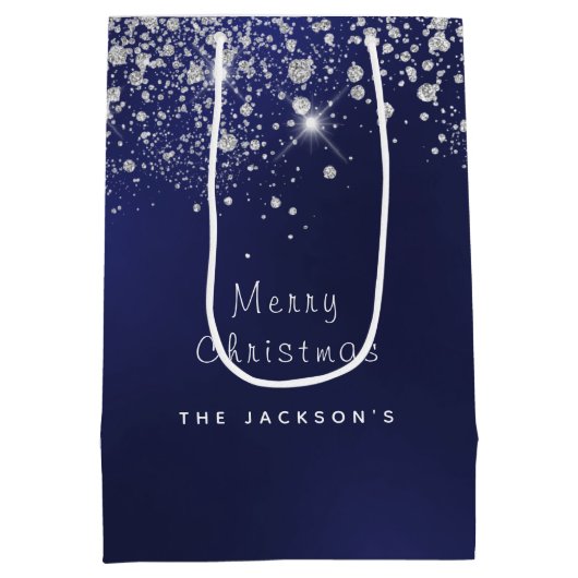 Kerstblauw wit glitterstof zilver medium cadeauzakje (Achterkant)