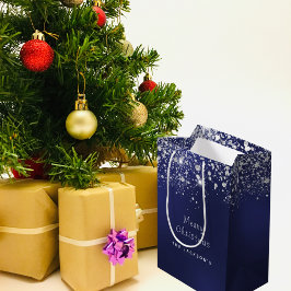 Kerstblauw wit glitterstof zilver medium cadeauzakje