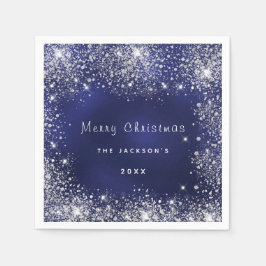 Kerstblauw wit glitterstof zilver servet