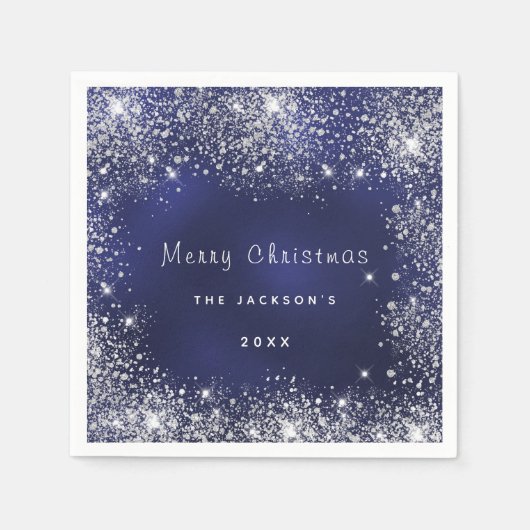 Kerstblauw wit glitterstof zilver servet (Voorkant)