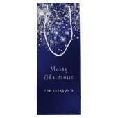 Kerstblauw wit glitterstof zilver wijn cadeautas (Achterkant)