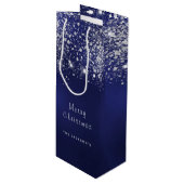 Kerstblauw wit glitterstof zilver wijn cadeautas (Voorkant Gekanteld)