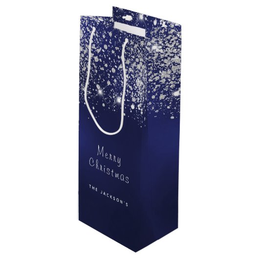 Kerstblauw wit glitterstof zilver wijn cadeautas (Voorkant Gekanteld)