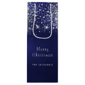 Kerstblauw wit glitterstof zilver wijn cadeautas (Voorkant)