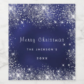 Kerstblauw wit glitterstof zilver wijn etiket (Enkel label)