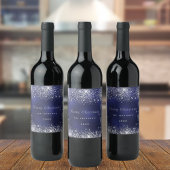 Kerstblauw wit glitterstof zilver wijn etiket