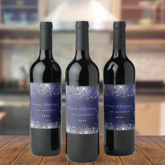 Kerstblauw wit glitterstof zilver wijn etiket