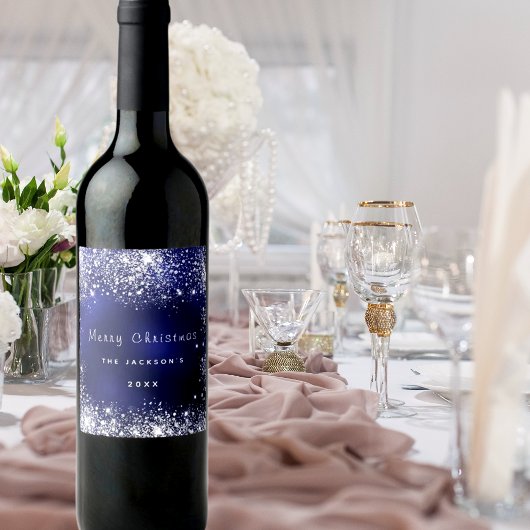 Kerstblauw wit glitterstof zilver wijn etiket