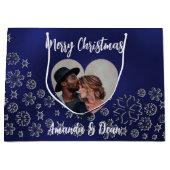 Kerstblauw zilveren sneeuw foto hart groot cadeauzakje (Voorkant)