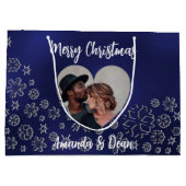 Kerstblauw zilveren sneeuw foto hart groot cadeauzakje (Achterkant)