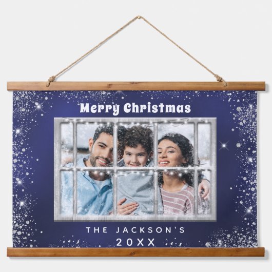 Kerstblauw zilverglitter hangend wandkleed (Voorkant)