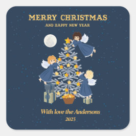 kerstblauwe goudkangel schattige baby vierkante sticker