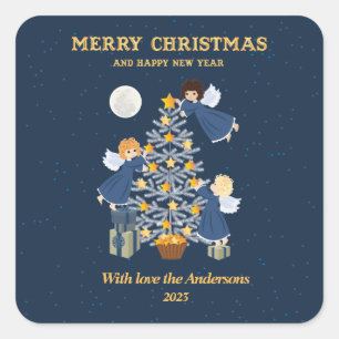kerstblauwe goudkangel schattige baby vierkante sticker