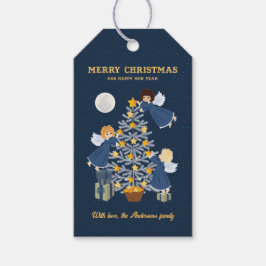 kerstblauwe goudkleurige baby cadeaulabel
