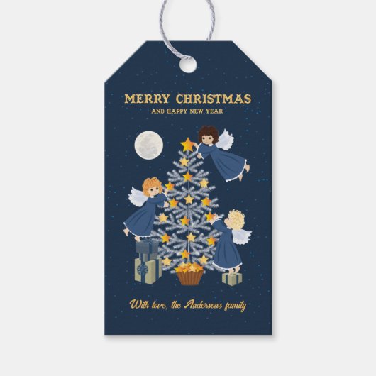 kerstblauwe goudkleurige baby cadeaulabel (Voorkant)