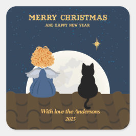 kerstblauwe goudkleurige baby vierkante sticker