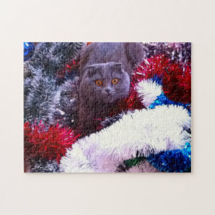 Kerstblauwe kat legpuzzel
