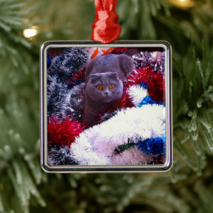 Kerstblauwe kat metalen ornament