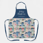 Kerstblauwe Waterverf Kleurrijke Huizen Vakantie Schort (Voorkant)