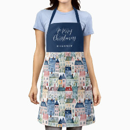 Kerstblauwe Waterverf Kleurrijke Huizen Vakantie Schort