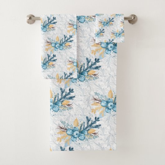 Kerstblauwe winterbessen en zilver Filigree Bad Handdoek (Insitu)