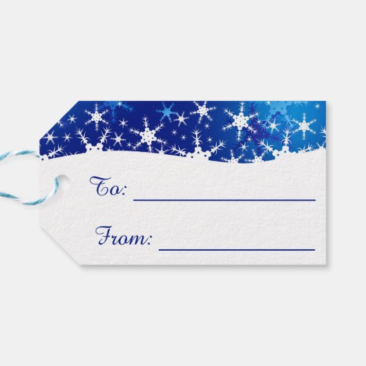 kerstblauwe wintersneeuwvlokken cadeaulabel (Achterkant Horizontaal)