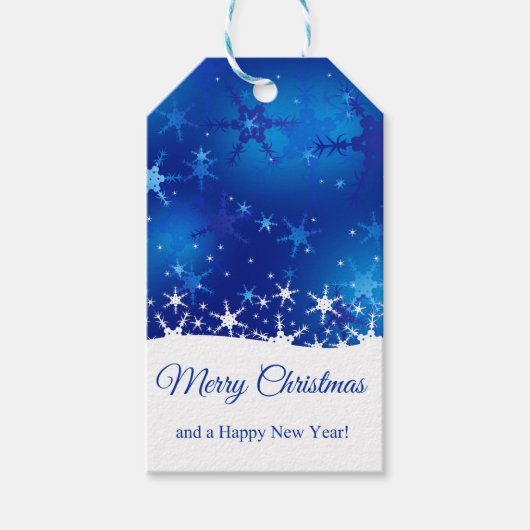 kerstblauwe wintersneeuwvlokken cadeaulabel (Voorkant)