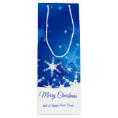 kerstblauwe wintersneeuwvlokken wijn cadeautas (Voorkant)