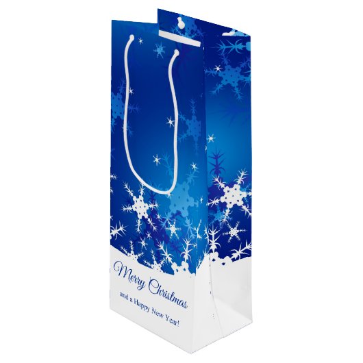 kerstblauwe wintersneeuwvlokken wijn cadeautas (Voorkant Gekanteld)