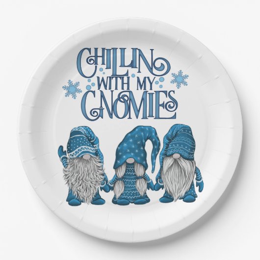 Kerstblauwe wintertrio-chillin met mijn gnomen papieren bordje (Voorkant)
