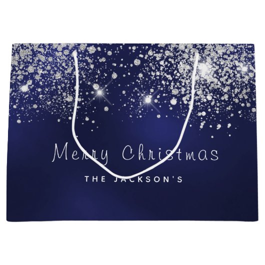 kerstblauwe zilverwitte glitterfamilie groot cadeauzakje (Voorkant)