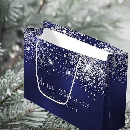 kerstblauwe zilverwitte glitterfamilie groot cadeauzakje