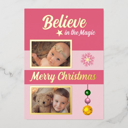 Kerstblazers sterren sneeuwvlokfoto's roze folie feestdagenkaart (Voorkant)