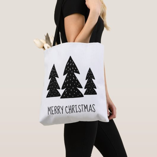 Kerstblijde Dennenbomen Scandi Zwart Wit Tote Bag (Dichtbij)