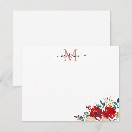 Kerstbloem Blozende Rode Bessen Hulst Monogram Notitiekaartje (Voorkant / Achterkant)