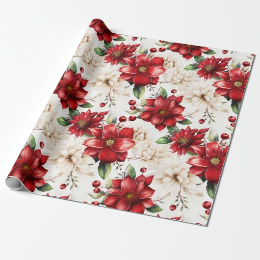 Kerstbloem Poinsettia rood groen patroon Cadeaupapier (Uitgerold)
