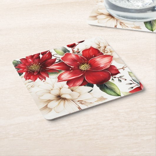 Kerstbloem Poinsettia rood groen patroon Kartonnen Onderzetters (Schuin)