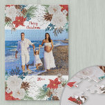 kerstbloemen - Aangepaste foto Legpuzzel<br><div class="desc">Creëer je eigen puzzel met een van je favoriete foto's. Uw afbeelding is bedekt met winterbloemen en -bladeren,  met inbegrip van poinsettia,  witte rozen,  bessen en pijnboompitten. De tekst wordt letterlijk weergegeven in rood,  penseelscript en is volledig bewerkbaar. Op dit moment staat er vrolijk kerstfeest en het Jaar.</div>