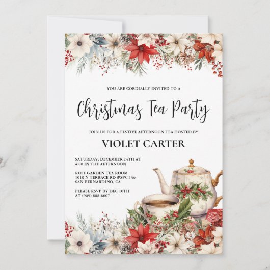 Kerstbloemen Afternoon Tea Feestelijke Fijne Party Kaart (Voorkant)
