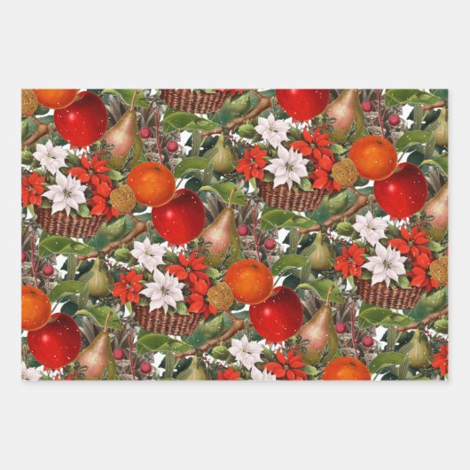 Kerstbloemen en -vruchten inpakpapier vel (Voorkant)