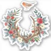 Kerstbloemen & gewei krans rode Robbin vogel Sticker (Voorkant)