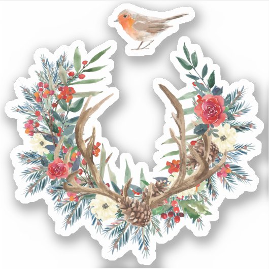 Kerstbloemen & gewei krans rode Robbin vogel Sticker (Voorkant)
