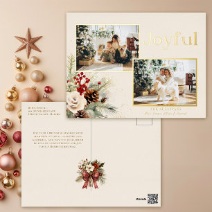 Kerstbloemen Goud Vrolijke Tekst 2-Foto Folie Feestdagen Briefkaart