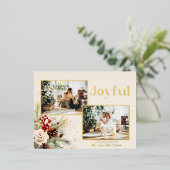 Kerstbloemen Goud Vrolijke Tekst 2-Foto  Folie Feestdagen Briefkaart (Staand Voorkant)