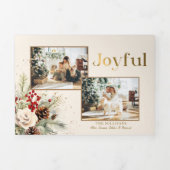 Kerstbloemen Goud Vrolijke Tekst Multi-Foto Drieluik Wenskaart (Cover)