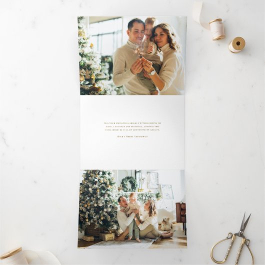 Kerstbloemen Goud Vrolijke Tekst Multi-Foto  Drieluik Wenskaart (Binnen)