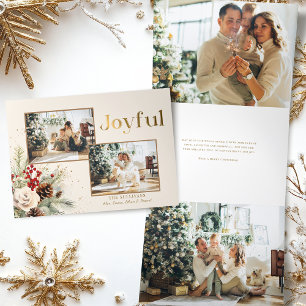 Kerstbloemen Goud Vrolijke Tekst Multi-Foto Drieluik Wenskaart