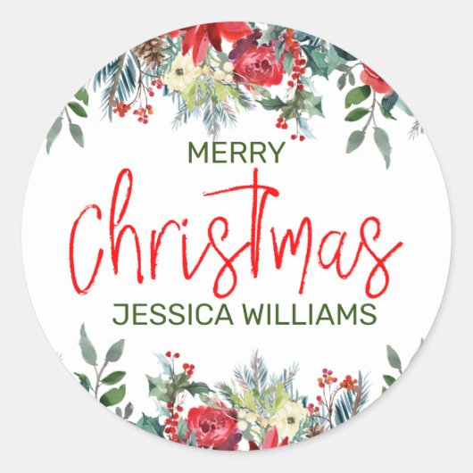 Kerstbloemen, grens en moderne typografie ronde sticker (Voorkant)