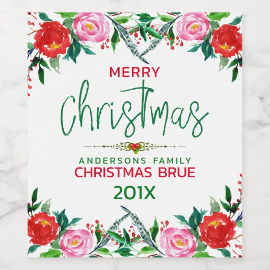 Kerstbloemen, grens en moderne typografie wijn etiket (Enkel label)