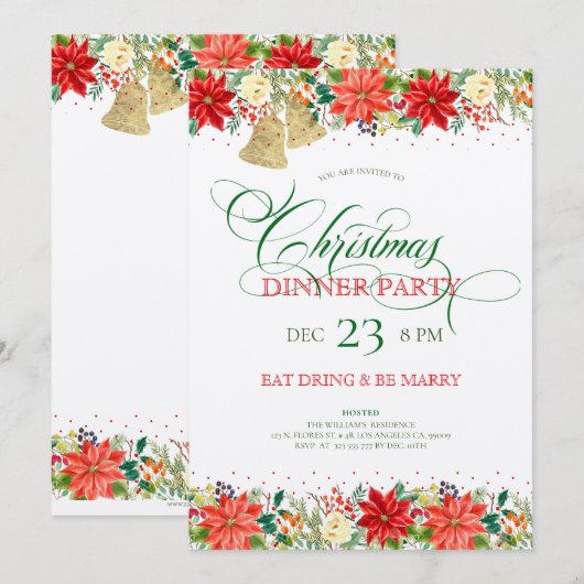 Kerstbloemen grens en typografie Uitnodiging (Voorkant / Achterkant)